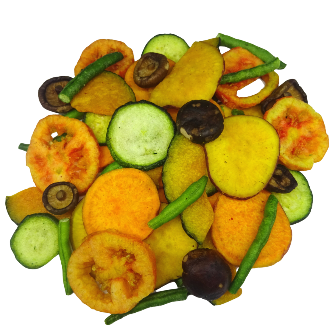 Mixed Vegetables Chips are a flavorful and crunchy snack that combines a diverse assortment of vegetables, offering a delightful medley of tastes and textures. The chips are crafted by blending various vegetables like carrots, mushrooms, cucumbers, and beans, creating a colorful and visually appealing treat. #CKT Foods #Vacuum Dried Chips # Mixed Vegetables Chips