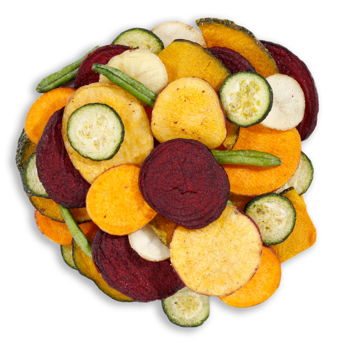 Mixed Vegetable Slices are a versatile assortment of petite, pre-cut vegetables, including carrots, zucchini, bell peppers, and more. With a diverse mix of flavors and vibrant colors, Mixed Vegetable Slices (Small) add both visual appeal and nutritional value to your healthy snack. #CKT Foods #Vacuum Dried Chips # Mixed Vegetables Slices