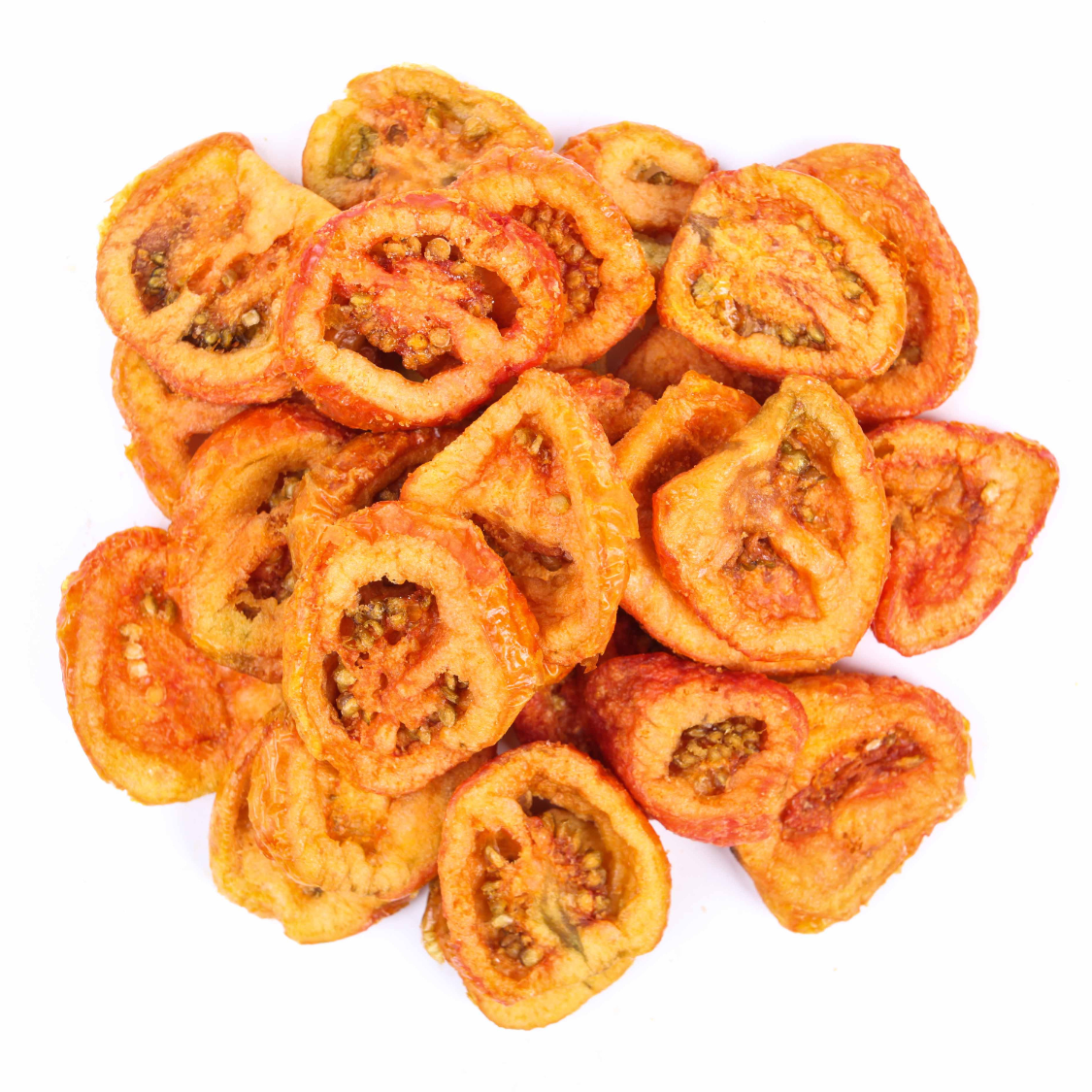 Tomato Chips are a savory and flavorful snack crafted from thinly sliced tomatoes that are dehydrated to achieve a crispy texture. The natural umami of the tomatoes is concentrated during the process, delivering a rich and tangy taste, providing a satisfying crunch and the distinctive flavor of ripe tomatoes in each bite. #CKT Foods #Vacuum Dried Chips #Tomato Chips