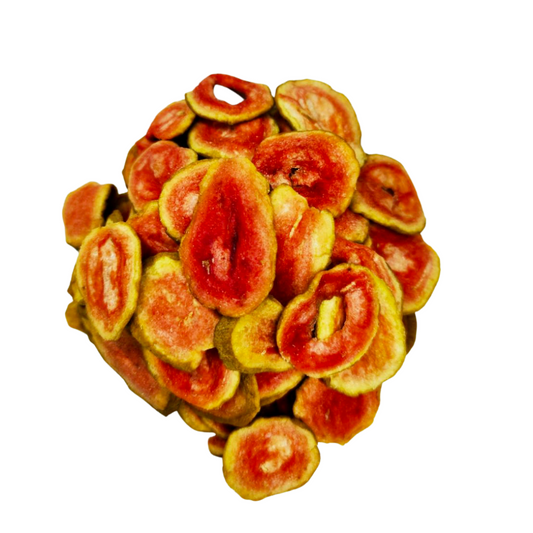 Dried red guava is a flavorful and exotic snack that captures the natural sweetness of ripe guavas in a concentrated form. With its vibrant color and tropical essence, dried red guava offers a delightful burst of flavor that makes it a delicious and convenient snack option. #CKT Foods #Dried Red Guava #Oil-Free Crispy Fruits