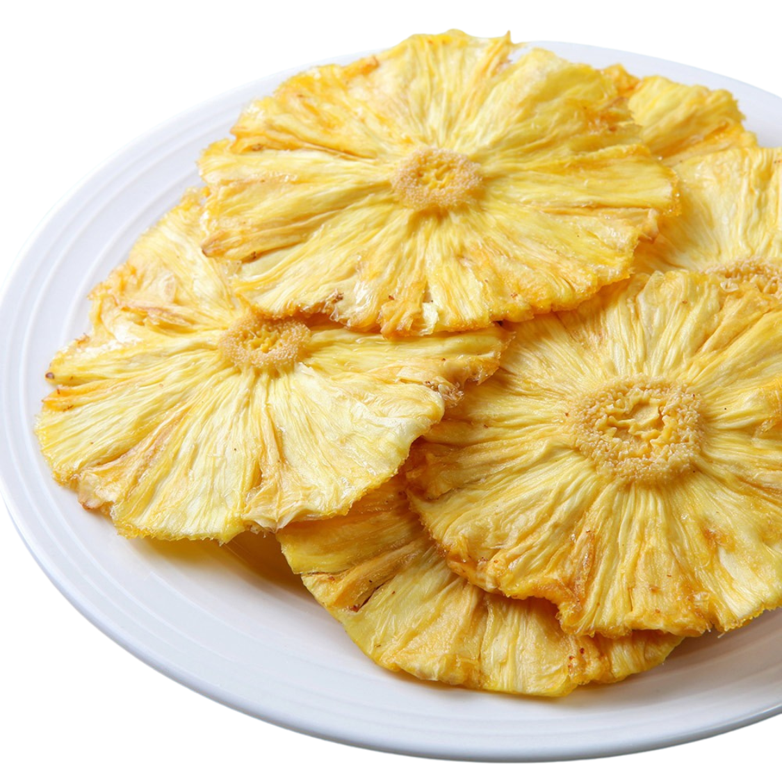 Delicious dried pineapple is a tropical delight that combines the natural sweetness of ripe pineapple with a chewy and concentrated texture. The drying process enhances the pineapple's flavor, resulting in a satisfyingly sweet and tangy experience in every bite. #CKT Foods #Dried Pineapple #Oil-Free Crispy Fruits