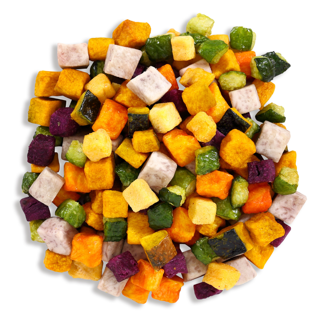 Mixed diced vegetables are a convenient and versatile blend of various vegetables that have been precisely chopped into small, uniform pieces. This medley typically includes a combination of carrots, potatoes, taros, and green beans, providing a colorful assortment ideal for a healthy veggie snack. #CKT Foods #Vacuum Dried Chips #Mixed Diced Vegetables.