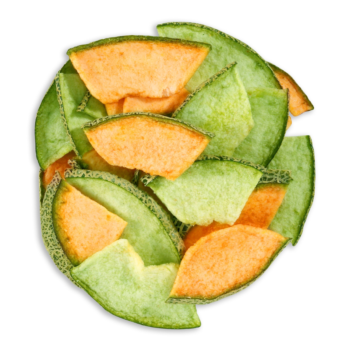 Two-Color Cantaloupe Chips are a delightful and innovative snack crafted from ripe cantaloupe fruit. The chips showcase a visually appealing combination of two hues. Through a meticulous dehydration process, these chips achieve a crisp and light texture while preserving the sweet, juicy essence of fresh cantaloupe #CKT Foods #Vacuum Dried Chips #Two-Color Cantaloupe Chips